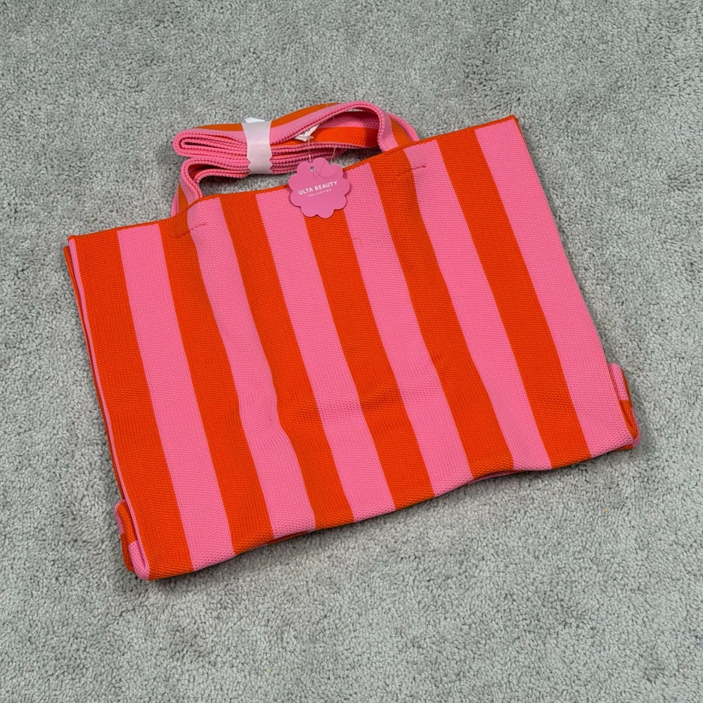 Ulta Beauty Collection Pink Orange Striped Knit Tote Bag with Shoulder Strap NWT
